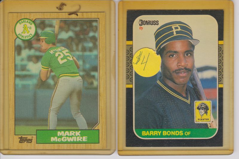 McGwire and Bonds Rookie(?) cards. In yellowing holders. With $2 in marker on McGwire holder, and $4 sticker on Bonds holder. Back of the cards in next pic. Never "played with" as far as I know.