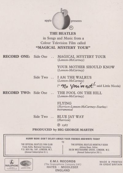 Inside back cover with track listing of The Beatles Magical Mystery Tour.