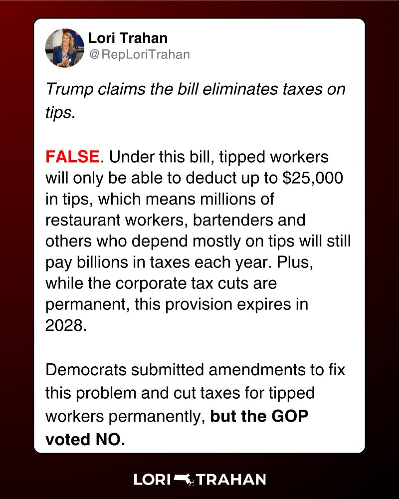 Red graphic of a tweet from @RepLoriTrahan