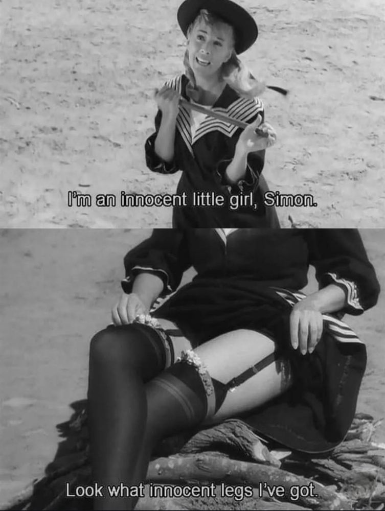 Panel 1 shows a woman in a demure looking beach outfit in panel saying “I’m an innocent little girl, Simon.”

Panel 2 shows the woman exposing her sheer black garters, saying “Look what innocent legs I’ve got.”