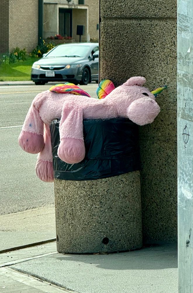 A dirty pink unicorn with a rainbow horn flops on top of an open trash can. 