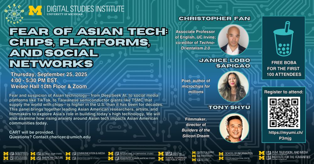 A promotional flier for DISCO's event "Fear of Asian Tech: Chips, Platforms, and Social Networks." The title is prominently displayed, accompanied by details like the date, time, and location: "Thursday, September 25, 2025, 4:00 - 5:30 Pm EST, Weiser Hall 10th Floor & Zoom." The design highlights three speakers: Christopher Fan, Janice Lobo Sapigao, and Tony Shyu, each with their headshots in circular frames. Descriptions of each are provided with their names in bold uppercase text. The background features a circuit board design in shades of deep blue and teal.