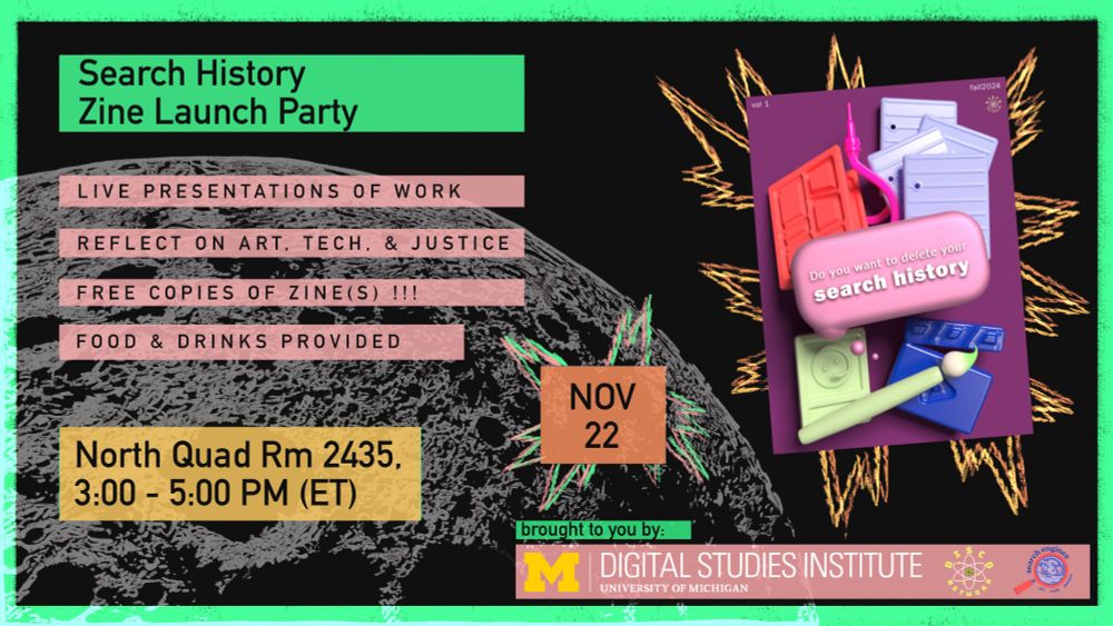 Flier features an image of the moon in black and white, colorful text bubbles, claymation-like items such as paper and paint supplies, and the DSI, DISCO, and Search Engines logos.