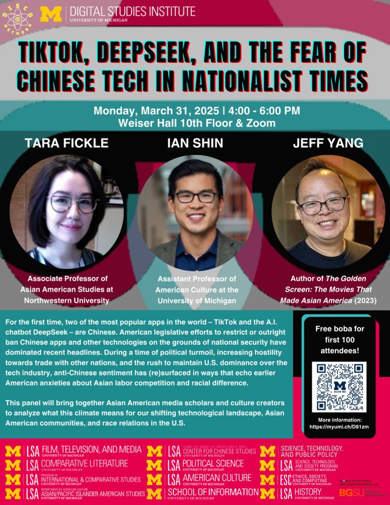Event flier for TikTok, Deepseek, and the Fear of Chinese Tech in Nationalist Times featuring headshots of Tara Fickle, Ian Shin, and Jeff Yang.