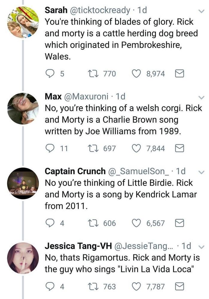 The no-you're-thinking-of meme applied to Rick and Morty (Ricky Bobby, Welsh Corgi, Little Birdie, Ricky Martin).