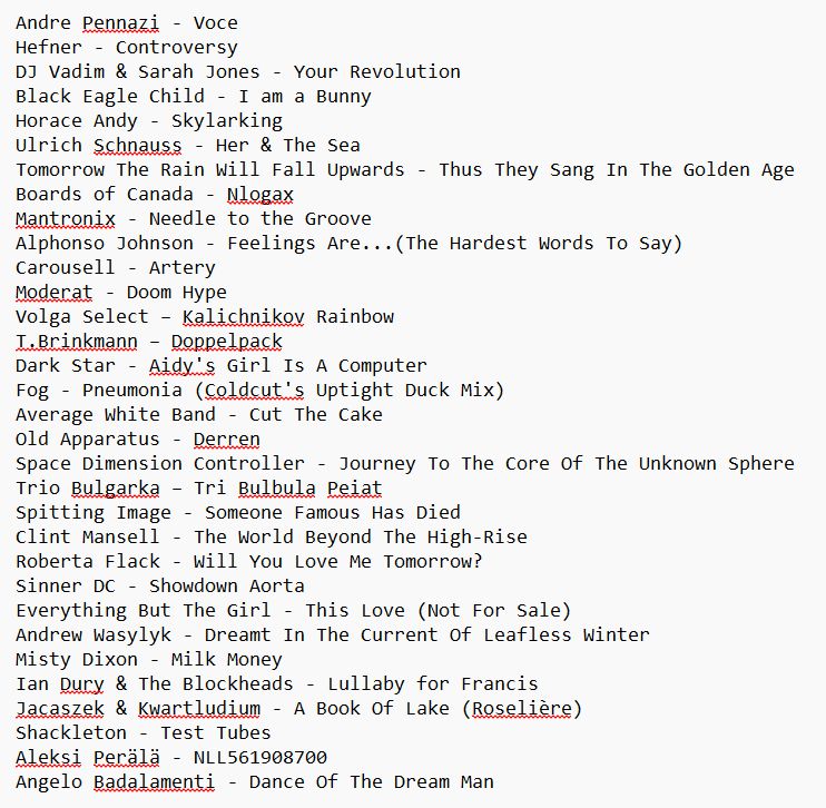 Tracklisting for Hangover Radio 10, 31st August 2025:

Andre Pennazi - Voce
Hefner - Controversy 
DJ Vadim & Sarah Jones - Your Revolution
Black Eagle Child - I am a Bunny
Horace Andy - Skylarking
Ulrich Schnauss - Her & The Sea
Tomorrow The Rain Will Fall Upwards - Thus They Sang In The Golden Age
Boards of Canada - Nlogax
Mantronix - Needle to the Groove
Alphonso Johnson - Feelings Are...(The Hardest Words To Say)
Carousell - Artery
Moderat - Doom Hype
Volga Select – Kalichnikov Rainbow
T.Brinkmann – Doppelpack
Dark Star - Aidy's Girl Is A Computer
Fog - Pneumonia (Coldcut's Uptight Duck Mix)
Average White Band - Cut The Cake
Old Apparatus - Derren
Space Dimension Controller - Journey To The Core Of The Unknown Sphere
Trio Bulgarka – Tri Bulbula Peiat
Spitting Image - Someone Famous Has Died
Clint Mansell - The World Beyond The High-Rise
Roberta Flack - Will You Love Me Tomorrow?
Sinner DC - Showdown Aorta
Everything But The Girl - This Love (Not For Sale)
Andrew Wasylyk - Dreamt In The Current Of Leafless Winter
Misty Dixon - Milk Money
Ian Dury & The Blockheads - Lullaby for Francis
Jacaszek & Kwartludium - A Book Of Lake (Roselière)
Shackleton - Test Tubes
Aleksi Perälä - NLL561908700
Angelo Badalamenti - Dance Of The Dream Man