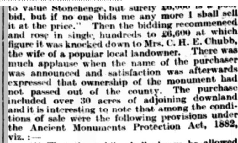 Extract from the Wiltshire TImes, 25th September 1915, stating that Stonehenge, when the bidding readed £6,600, was [quote] "knocked down to Mrs. C.H.E. Chubb, the wife of a popular local landowner. There was much applause when the name of the purchaser was announced..." [end quote]