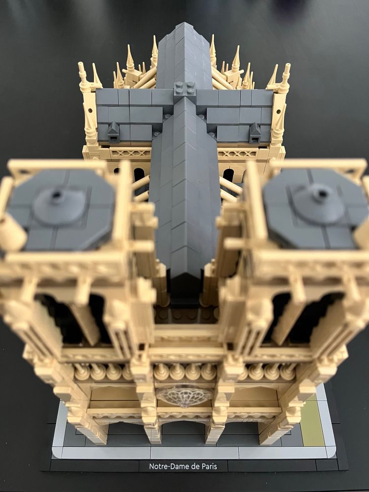 Lego Notre Dame cathedral with far more spiky pinnacles added around the rounded east end on the flying buttresses and along the nave