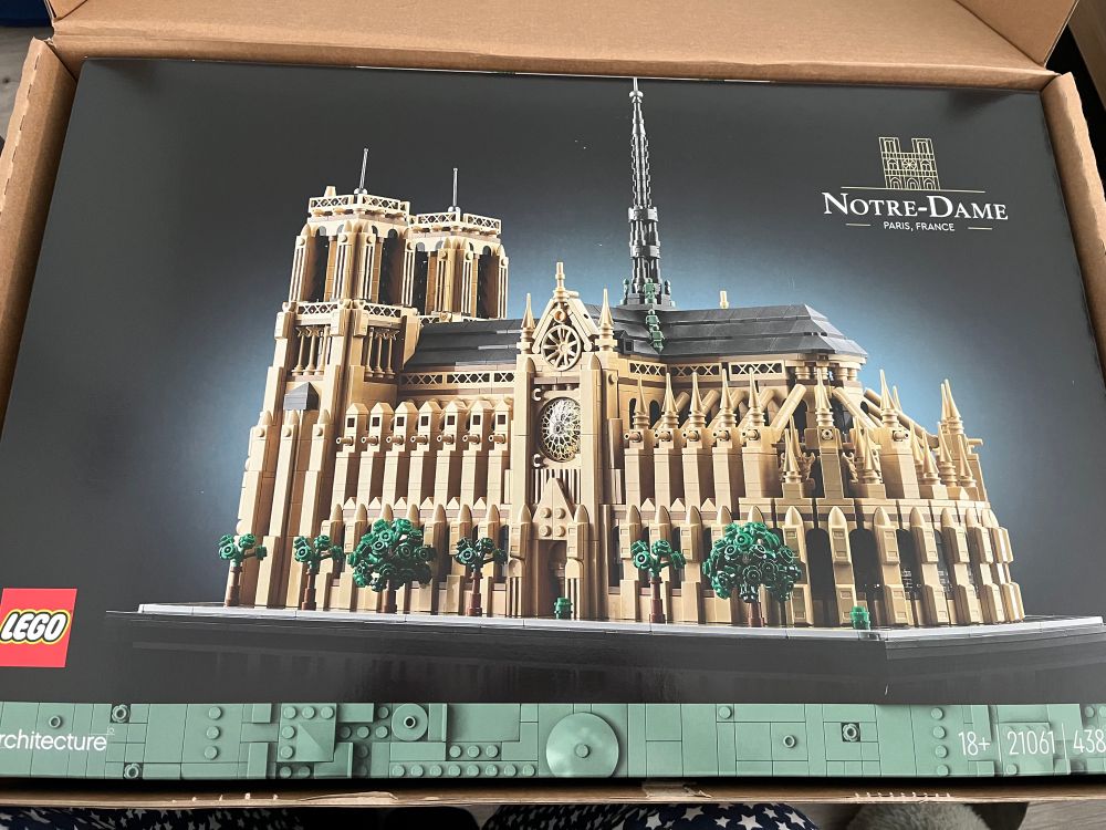 Giant box containing the Lego Notre Dame de Paris