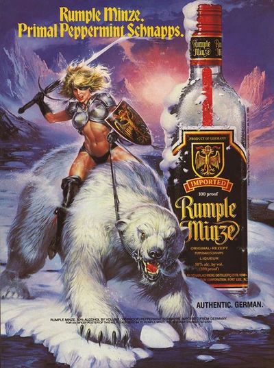 Rumple Minze ad with a hot bikini warrior riding a giant bear in the snow 