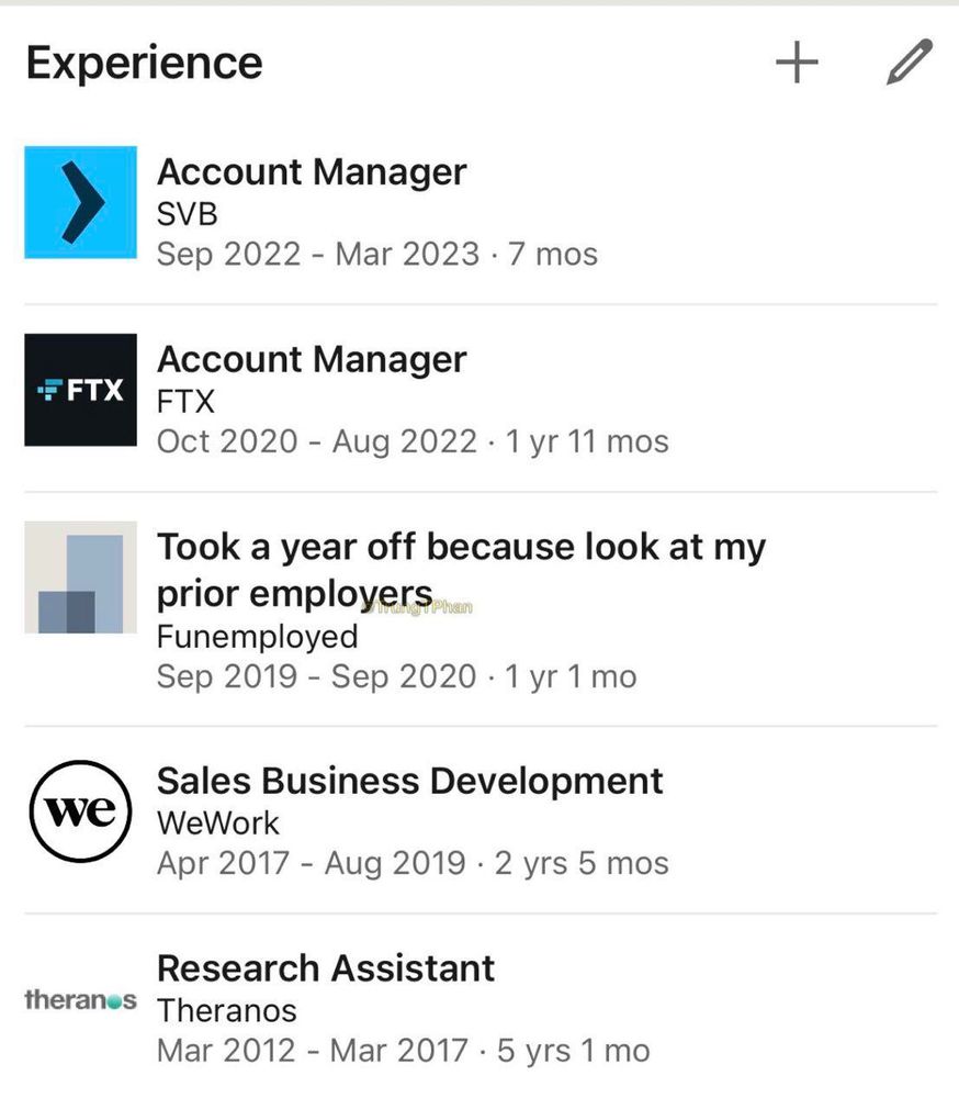 screenshot of someone's anonymous linkedin resume reading:

Experience

Account Manager
SVB
Sep 2022 - Mar 2023 • 7 mos

Account Manager
FTX
Oct 2020 - Aug 2022 • 1yr 11 mos Took a year off because look at my
prior employers

Funemployed
Sep 2019 - Sep 2020 • 1yr 1 mo

Sales Business Development
WeWork
Apr 2017 - Aug 2019 • 2 yrs 5 mos

Research Assistant
Theranos
Mar 2012 - Mar 2017 • 5 yrs 1 mo