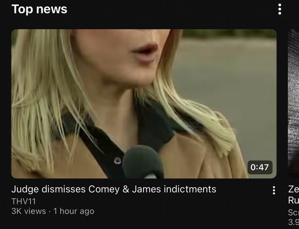 a screenshot of a youtube video from THV11 about Letitia James and James Comey's indictments being dismissed, showing caroline levitts face, but only below her nose, which is not in the frame.

she has a considerable amount of face below her nose and a very small mouth