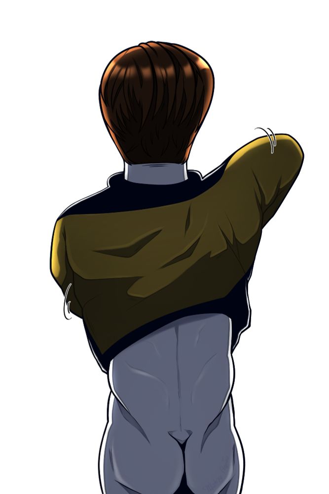 Artwork of Data. This shows that the viewer is seeing his back. He is removing his only uniform shirt, allowing the viewer to see his nice bum. The background is simply white.

Enjoy what you're seeing... His bum is yours now! 😈✨