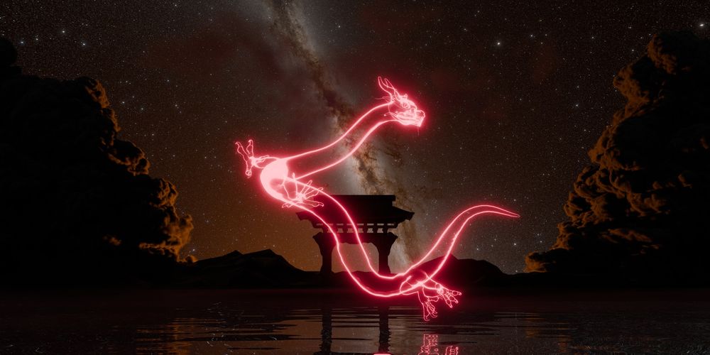 A red glowing dragon prances in the night sky in front of the milky way