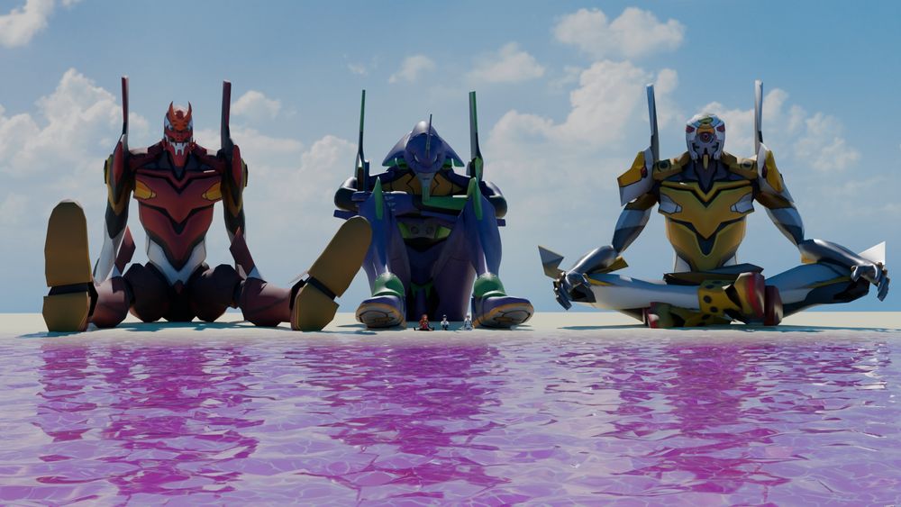 Charcters from Evangelion sit on the shore, their EVA's sitting behind them in similar poses