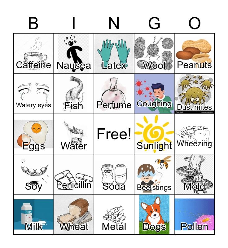 A blank allergy bingo, showing common allergens and allergic reactions