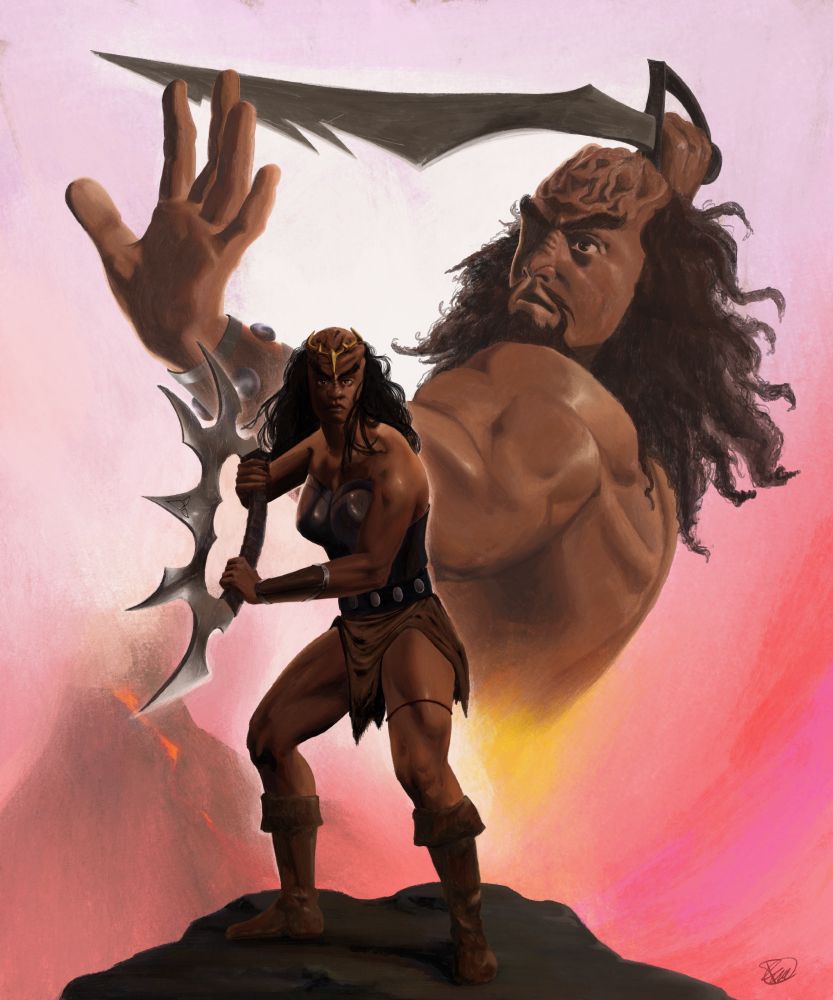 Procreate digital painting. “Red Sonja” movie poster by Renato Casaro redraw as a Klingon woman (Lukara as Red Sonja) and a Klingon male (Kahless as Conan). Lukara holds a  bat’leth with both hands standing on top of a rock and Kahless holds a sword with his other arm sticking out. There’s a volcano spilling lava and smoke (mount kri’stak) is that background 