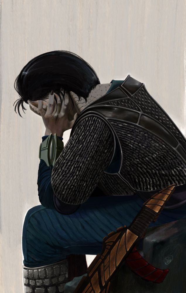 Digital painting of a Cardassian soldier (Damar) in full armor sitting on a gray rock with his head down, tired and one hand resting on his face covering it fully. On the rock there is also a Cardassian rifle resting on it