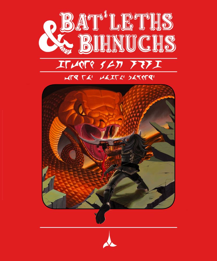 Dungeons & Dragons player rule book from the 80's redraw as the Bat'leths & Bihnuchs RPG Klingon game from Star Trek Lower Decks. Procreate illustration that shows a giant red orange and yellow snake, over a bed of molten lava with its mouth wide open fighting a Klingon warrior holding a bat'leth, with his leg sticking out the frame and rocks all around him. All in a red-ish background and off white text

Text says "Bat'leths & Bihnuchs" in the classic 80's D&D font, and "ghetmeH Quj" (fantastical game for the purpose of role-playing) "vey wa'"(set one) and "taghwl' pabmey'" (beginners rules) in Klingon pIqaD

There's a Klingon trefoil symbol at the very bottom