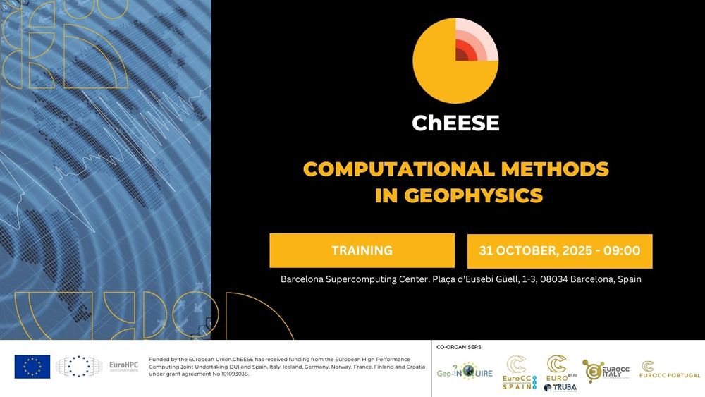 Training announcement image showing animated seismic waves in blue and orange colors spreading across a geographical map. Header text reads 'Computational Methods in Geophysics Training' with date 'October 31, 2025' and venue 'Barcelona Supercomputing Center, Spain'. Professor Heiner Igel's photo appears in corner. Bottom shows ChEESE Centre of Excellence logo alongside EuroCC partner logos