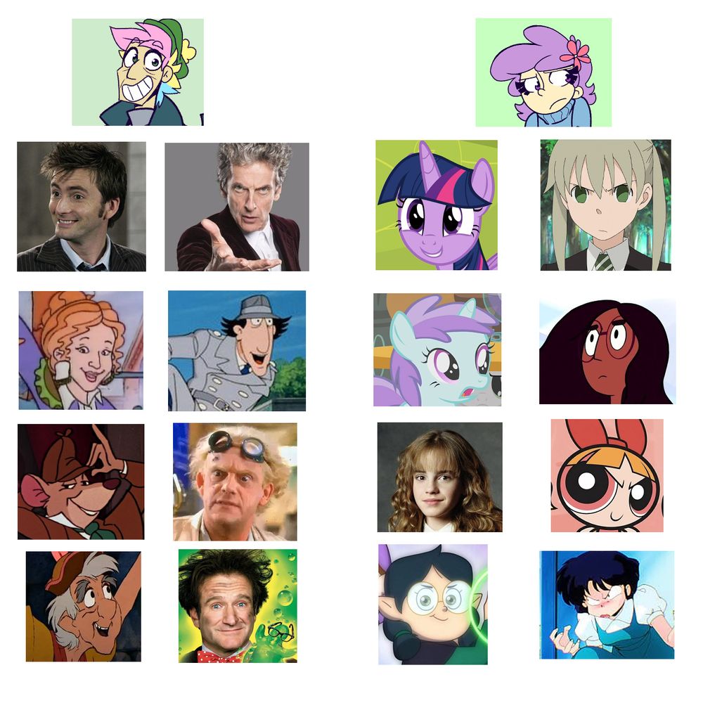 A collage displaying the characters from media that inspired my own original characters, Coach and Suzie from my webcomic My Magic Grandpa found at http://www.mymagicgrandpa.net 
 All of the images are displayed as square icons of the characters' faces. Coach is on the left and below him are displayed 8 characters: The 10th and 12th Doctors from Doctor Who, Ms Frizzle from The Magic School Bus, Inspector Gadget from the cartoon, Basil from the Great Mouse Detective, Doc Brown from Back to the Future, Fflewddur Fflam from Disney's version of The Black Cauldron, and Professor Brainard from Flubber. On the right is Suzie at the top with these characters below her: Twilight Sparkle from My Little Pony, Maka Albarn from Soul Eater, Tootsie Flute from My Little Pony, Connie from Steven Universe, Hermione from Harry Potty, Blossom from The Powerpuff Girls, Willow from The Owl House, and Akane Tendo from Ranma 1/2
