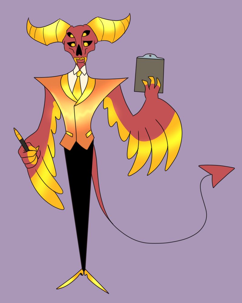 Digital art of a red demon man in a gold suit. His head is a 4 eyed skull with golden teeth, large gold horns, and coins in his empty eyes standing in for irises. The top of his suit is a shimmering gold with a gold tie and light yellow undershirt and no sleeves, and his pants make a black void where you can't see his separate legs. His shoes are also golden. He has a long tail with a arrow point at the end like a demon. His arms are a pair of red and gold wings with claws at the end where he is holding up a pen and a clipboard.
