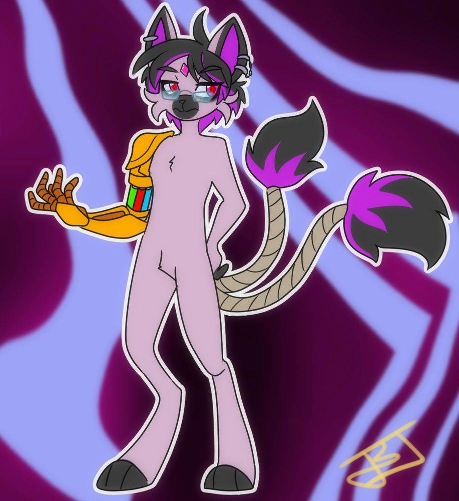 Digital art of an digitigrade anthro cat character with two tails. He is lavender purple with messy black and purple hair where the under layer is purple while the rest is black. He has a black patch around his muzzle and the tips of his paws and fingers, with some black lining the edges of his ears. There is a diamond shaped pink gem in his forehead. He has loop earrings in both ears, the left ear having two loops connected by a chain. His tails are tied up tight in wraps so that they resemble ropes with big tufts of purple and black fur coming out at the ends. He has pink eyes with dark circles under them. On his right shoulder is a mechanical arm that is gold in color, and has vials of red, green, and blue in the forearm of it. Finally, he has a pair of glasses that are rectangular in shape. His background is streaks of glowing purple over black. This is Erebus, a bakeneko (cat demon) mercenary. This is a redesign to make him an original character instead of an espeon.