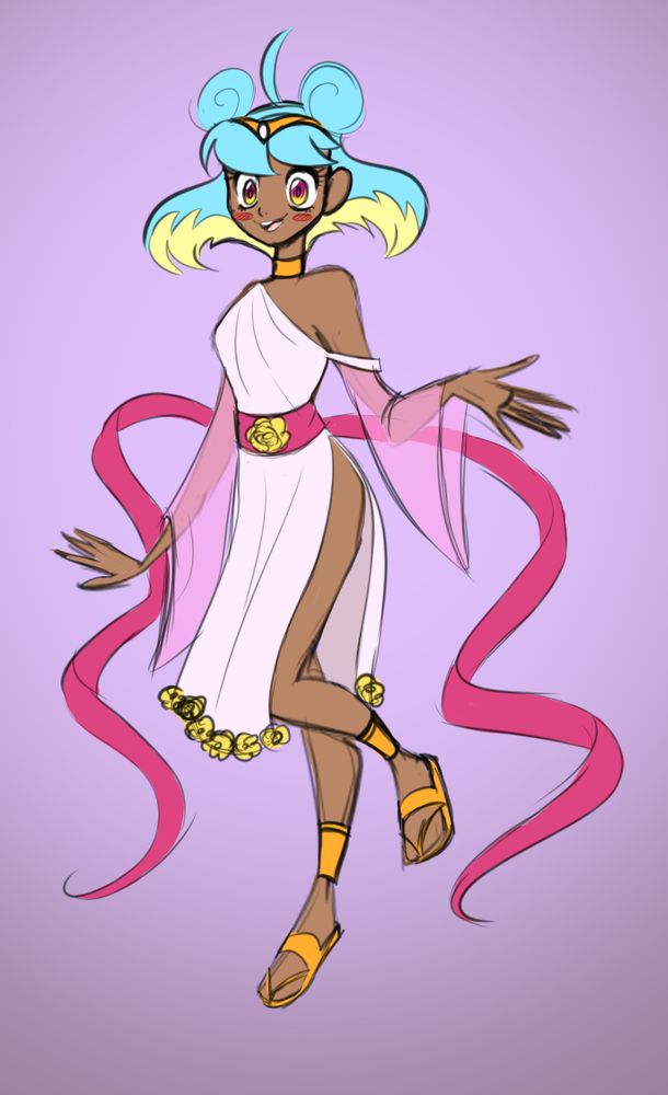 Digital art in an anime style of a woman with dark tan skin posing in the air in a dainty energetic greeting. She is smiling with her mouth open, blush circles on her cheeks. Her eyes are golden in color. Her hair is light blue on top, light yellow on the bottom, and it's a little higher than shoulder length, lifting outward and curling back inward at the ends with two bun pigtails on top and a loose strand of hair poking up in the center. In her hair is a gold tiara with a white gem. Her dress resembles a more ancient style, white with one shoulder uncovered and yellow flowers lining the bottom. Around her waist is a pink sash with another gold flower on it, long ribbons coming out from the sash from behind and reach to her feet. She has golden anklets on and sandals to match. There is a gold band around her neck. The background is light purple. She is the Messenger of the Gods that opens the comic 'WTF? I'm a Magical Girl's Familiar?!" which is still in concept mode