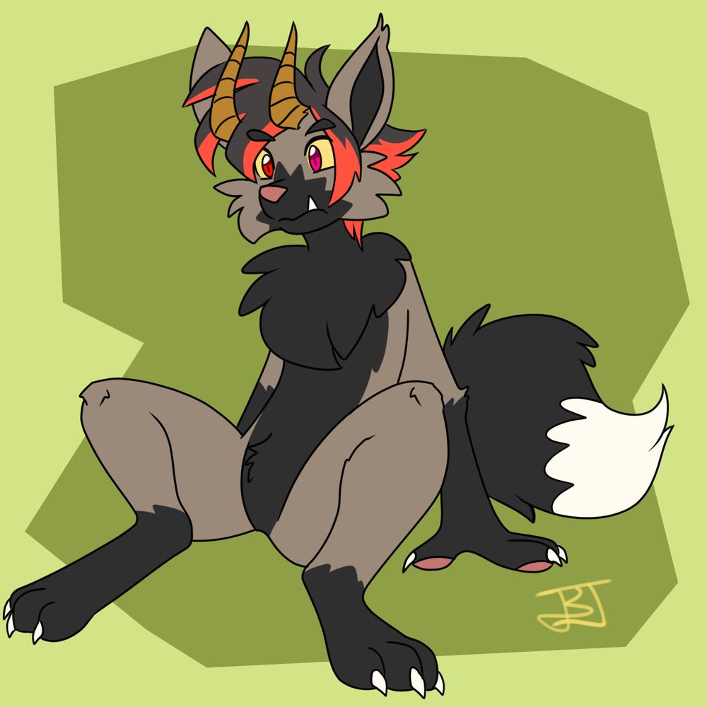 Digital art of an anthro hellhound sitting with a green background. He is light gray/brown in color with black on his lower arms, legs, chest, and muzzle, with his tail having a white tip. His paws and hands all have white claws. A single sharp tooth is sticking up from the corner of his mouth. His nose is an orange-pink color, as are his paw pads that are visible on his thumb and index finger on the only visible hand. He has messy dark gray and red hair, and two gold horns that curve out and up from his forehead. The whites of his eyes are yellow, and his right eye is red while the left is pink. He is sitting with his legs spread and knees up, hands propping himself up behind him while he gives a puzzled expression. His name is Deimos and he is a walking disaster with no impulse control.