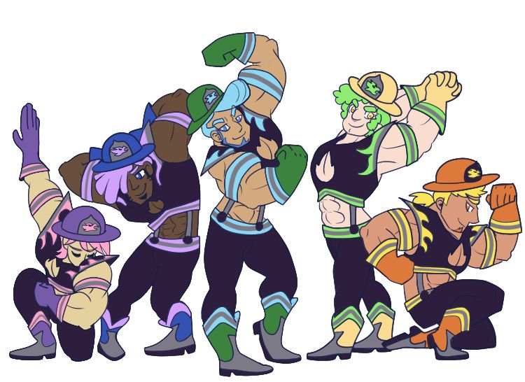 Digital art of a team of five buff men all striking poses together in matching uniforms of different colors of the rainbow. The uniforms have a firefighter theme with flames and silver stripes and hard hats but have a male exotic dancer feel to them with exposed abs and a flame shaped chest window. From left to right: A white man in pink and purple uniform with pink hair, down on one knee with the arm on the same side flexing over it with a fist, while the other arm points upwards with fingers outstretched. His eyes are closed and his head is turned down to his shoulder so only the bridge of his nose upward can be seen of his face. Next is a purple and blue uniformed black man with sideburns and a soul patch black beard and bright light purple dread locks. He has one blue eye showing while the other is covered by hair. He has both his arms flexed up and behind him as he leans over the pink haired man and smiles confidently, his legs turned inward towards one another with one leg outstretched in the direction of the pink haired guy while the other is bent. Third guy is in a blue and green uniform and has tan skin and blue pompadour hair with a darker blue short beard. He is standing tallest out of the group, flexing one arm high and the other low, one leg firmly planted straight to the ground while the other leg bends as he stands on one tip-toe. Fourth guy is paler than the first guy, wearing a green and yellow uniform with green curly hair and thick lumpy sideburns. His arms are outstretched behind him in a flex as he bends back slightly, legs standing relatively straight. The last guy is on one knee in an orange and yellow uniform, and he has more of a reddish tan. He is blonde with his hair in a ponytail, and has an orange goatee and orange eyes. He is giving an upward and downward flex. This is a team of magical princes who act as the clean up crew for an elite fire magical girl from the upcoming comic "WTF? I'm a Magical Girl's Familiar?!"