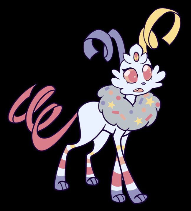 Digitial art of a cat like fantasy creature viewed slightly from the side but facing a little forward as it takes a step forward with one front leg. Its base color is white, and it has gray fluff around its neck. In the gray fluff is colorful confetti of stars, circles, and strips, with the colors yellow, red, orange, and blue. The creature's ears and tail look like swirling ribbons, blue and yellow on the ears and red for the tail. There are solid stripes on the legs from top to bottom of yellow, orange, red, and blue with white inbetween each color. The creature has an anime creature-like face, with solid orange and red eyes and a blue nose. On its forehead is a tuft of fur with a circular gem in the middle of it, the gem being yellow with a red exclamation point in the center. This is a mescat, which is a familiar for magical girls in the webcomic "WTF? I'm a Magical Girl's Familiar?!" Mescats come in different elemental forms and have different abilities. This is concept art for a mescat that will have a surprising appearance in the comic some day.