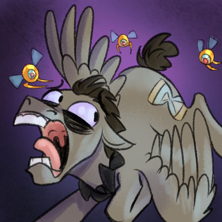 Digital art from the tumblr ask blog Ask Discord Whooves. Presented on a plain dark purple background is The Doctor, which is Doctor Whooves from My Little Pony but he is corrupted by Discord so he is gray with black hair and shadows under his eyes. He has a pair of wings which are flailing. His eyes are huge comical circles with black irises and there are dark shadows under his eyes. There is a black suit collar around his neck with a black bowtie. The cutie mark on his hip is an hourglass. He is screaming hysterically as he runs from 3 orb shaped drones, mouth open exaggeratedly and showing off his horse teeth structure as his tongue flails out. The drones are gold in color with a blue and red eye-like section, and they have a pair of insect wings with a pair of pointy long thin legs. 