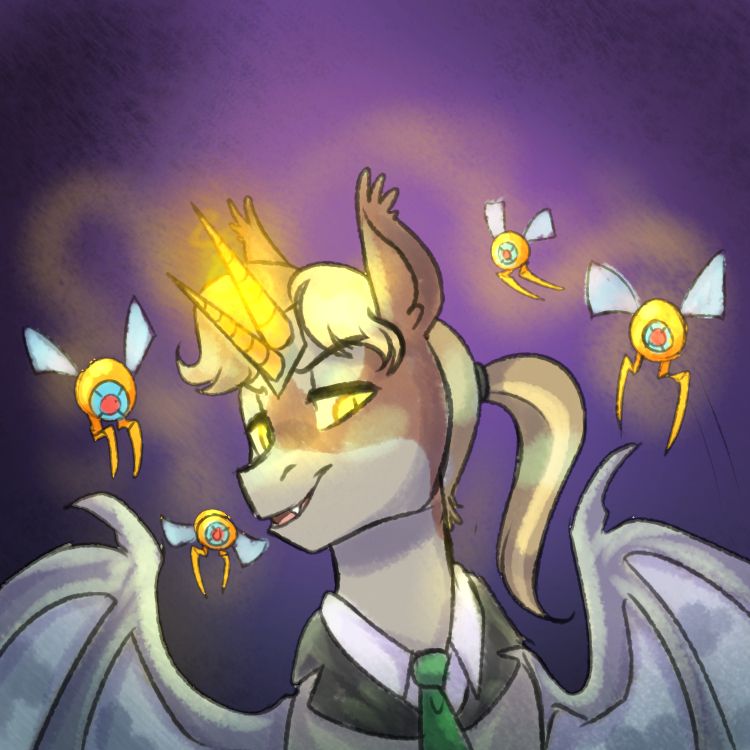 Digital art of a bat pony from My Little Pony surrounded by 4 tiny golden orb drones. The bat pony is male and seen from the waist up with his gray wings spread. He is wearing a black suit collar and green tie. His fur is tan, with darker brown markings over his left eye and ear almost like a mask, and he has blonde hair that is pulled up in a ponytail that is held up midway. His eyes are yellow with cat-like slit pupils. There is a device on his forehead that gives him two horns that are glowing, these are augmented to his head and the glow they produce drifts around the drones. The drones are golf ball sized and have two insect-like wings and two thin legs with points at the end in front of them. They have the appearance of a single 'eye' that is blue and red in the center. This bat pony is a paint pony meaning not only does he have pinto markings but he comes from a pure bloodline. His name is Resplendent Pulchritudinous Augmentation and he's the head of a research facility. The background is a dark purple with nothing in it.