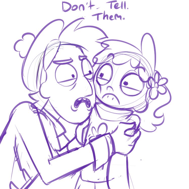 Digital sketch of my original characters Coach and Suzie from the webcomic My Magic Grandpa, drawn in the Rick and Morty style. Coach is an old man and grandfather of Suzie, who is a young teen. Coach has messy short-ish hair and a golf cap, and he's wearing a long coat. He is grabbing Suzie's shoulders and giving her an intense squint, mouth dramatically frowning. His cheek is smashed up against hers. Suzie is staring back at him with the bottom of her eyelids now lifted in disturbance, looking freaked out as she's trying to lean back in Coach's grip with a deep frown. She has shoulder length hair with a flower in it, and is wearing a turtleneck sweater with a flower graphic.
Coach is speaking: "Don't. Tell. Them."
(Note this is in regard to telling her parents about their magical adventures and the fact that he's even back)