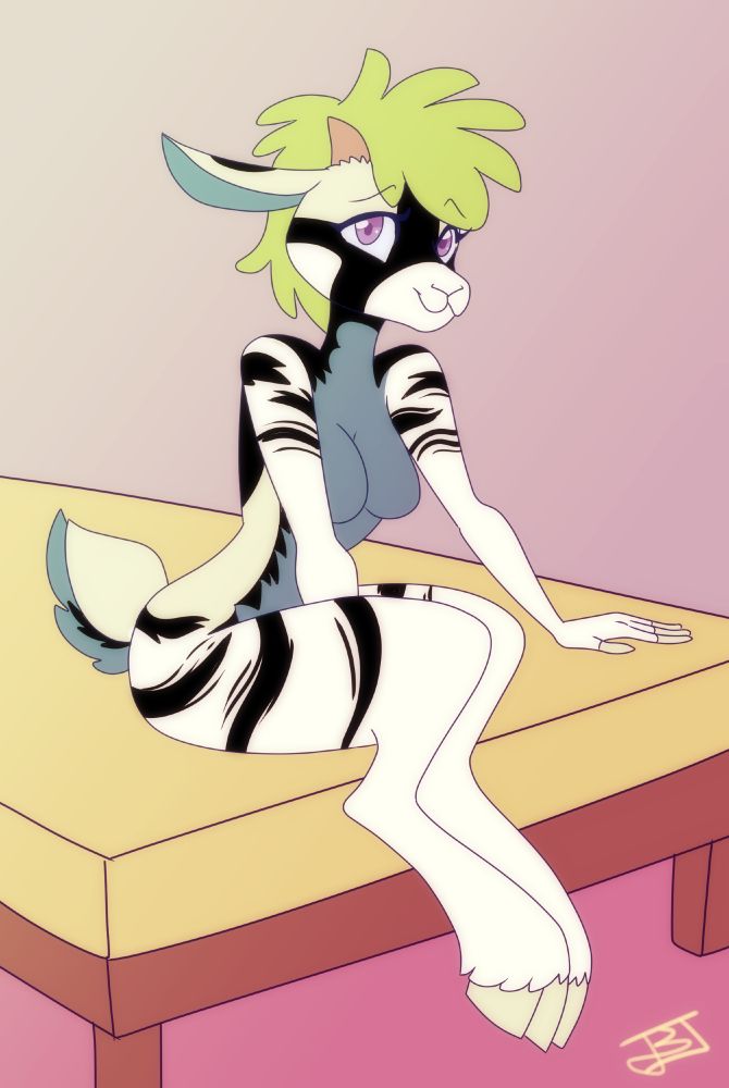 Digital art of an anthro bovine character that has a resemblance to an antelope mixed with an okapi. She is a female and is not wearing clothes. She has small horns and unusual markings of black over her face, back, ears, and stripes on her hips and shoulders. The rest of her body is light green while legs and arms are white, and her stomach is a darker gray-green. Her hair is short and green and her eyes are purple. She is sitting on a bed and patting the spot beside it invitingly.