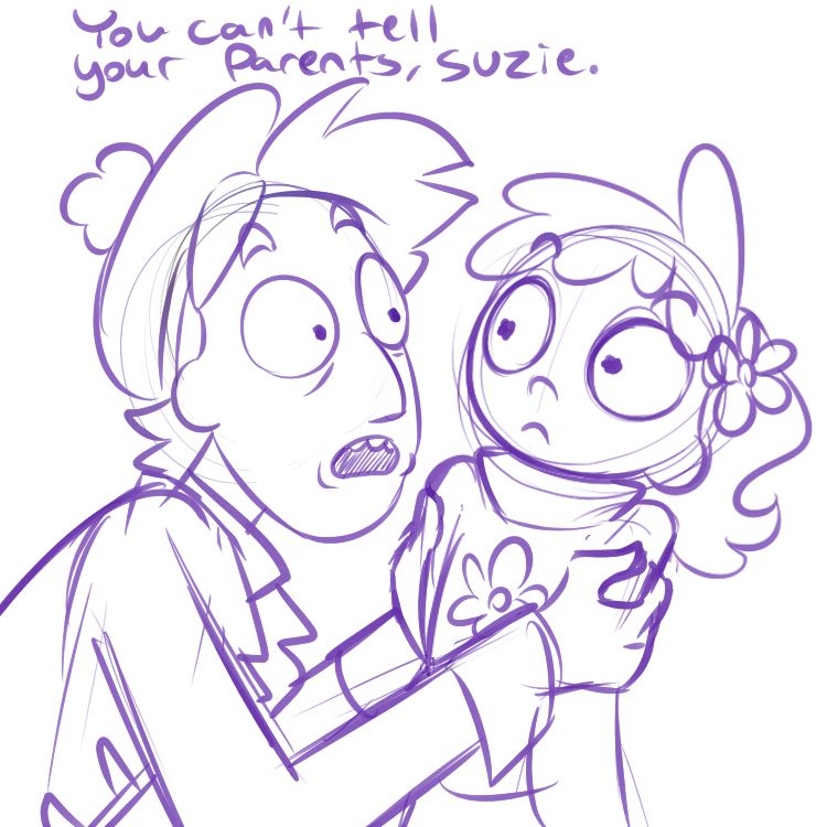 Digital sketch of my original characters Coach and Suzie from the webcomic My Magic Grandpa, drawn in the Rick and Morty style. Coach is an old man and grandfather of Suzie, who is a young teen. Coach has messy short-ish hair and a golf cap, and he's wearing a long coat. He is grabbing Suzie's shoulders and giving her a wide eyed stare. Suzie is staring back at him with similar wide eyes, looking a bit freaked out as she's trying to lean back in Coach's grip. She has shoulder length hair with a flower in it, and is wearing a turtleneck sweater with a flower graphic.
Coach is speaking: "You can't tell your parents, Suzie."
(Note this is in regard to telling her parents about their magical adventures and the fact that he's even back)