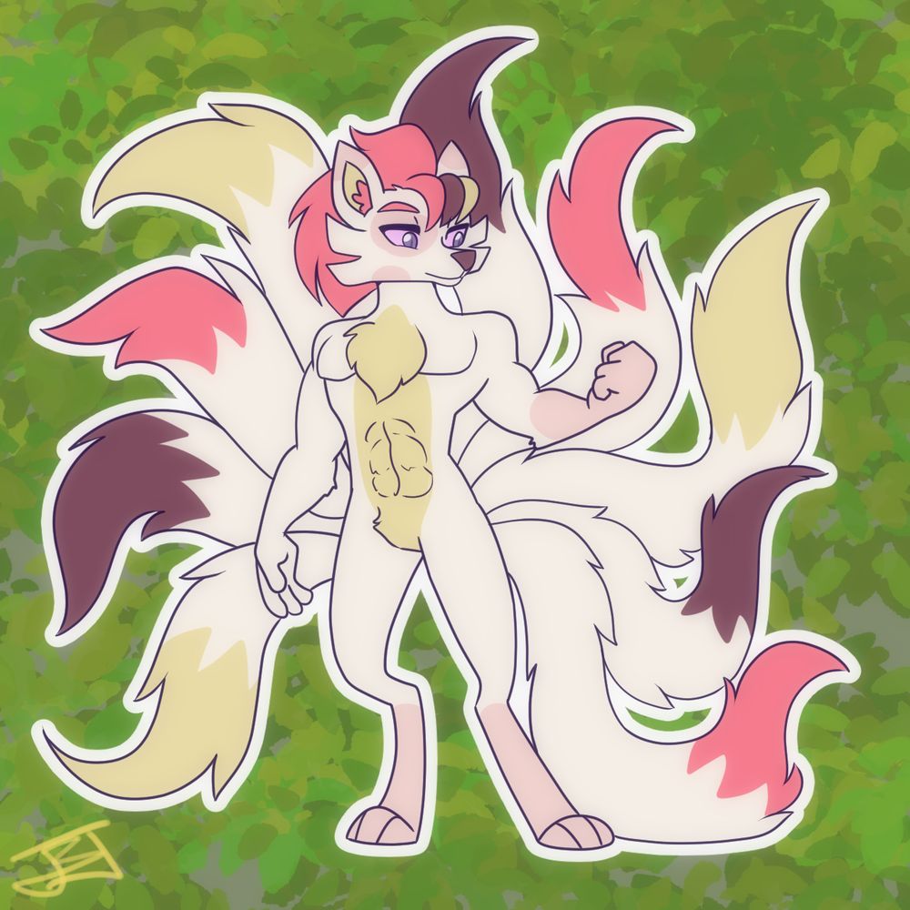 Digital art of a 9-tailed anthro digitigrade fox/kitsune on a green leafy looking background. He is slim and well built with a large chest and defined abs. He is cream colored, with a yellow belly and chest and soft peachy glove/sock markings on his legs an left arm, while that same color presents a patch over his right eye and on his cheek under it, plus rounded markings on the tips of his ears. Most of his hair is a reddish pink with stripes of brown and blonde in his bangs, his hair sweeping back almost to his shoulder. The tips of his tails variate in a pattern from yellow, brown, to reddish pink. His eyes are purple, with the whites being pink in color. He stands in a nuetral pose with one fist closed and slightly raised while the other hand dangles out by his side. He has a very faint smile. His name is Talos and while he is incredibly kind, he is also ruthless against those who harm the innocent.
