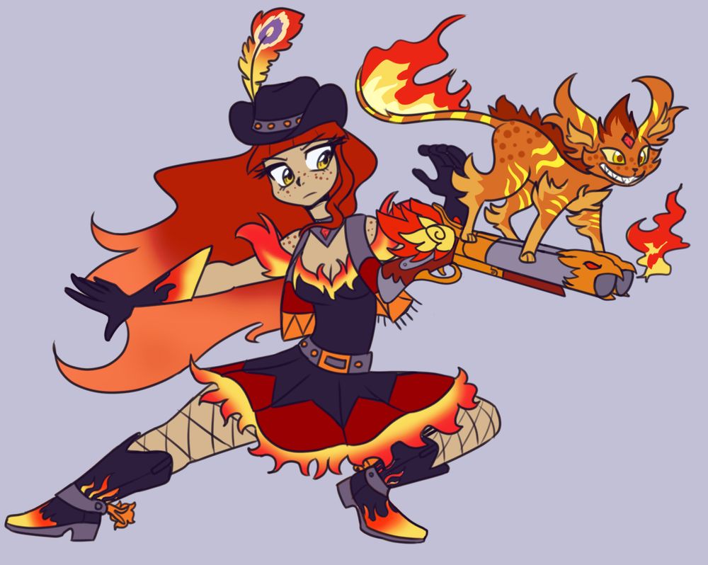 digital art of a fire magical girl known as "Phoenix" and her familiar, a mescat named Tiger. The mescat is a feline-like anime sidekick creature with a gem on its head, with fiery shaped tufts of fur and a flaming tail, and it has a mischievous looking wild sharp toothy grin. It is perched on a floating shotgun that has phoenix themed decorations, bird heads at the end and fire wings coming from the handle. The Magical girl has tan skin and dark red freckles on her face and shoulders, and her eyes are gold. She wears a black cowboy hat with a phoenix feather coming out of it, and cowboy boots and black gloves decorated in flame. Black fishnets are on her legs and her dress is short and black with flame lining on the skirt and sleeves that reveal her shoulders and rest below them. Over the dress she wears a short gray, red, and orange vest with tassels on the bottom, and around her throat is a V shaped collar with a red gem that matches the mescat's gem. Her hair is long and red, transitioning to orange at the end. Her pose is dramatic, one leg fully outstretched to the side while the other leg bends under her and stands on the palm of her foot. One arm is outstretched over the outstretched leg, and the other arm is bend upwards at level with her face, controlling the floating gun. This is Phoenix, an elite fire element magical girl who trains younger magical girl recruits. She's from the upcoming webcomic in the works "WTF? I'm a Magical Girl's Familiar?!"