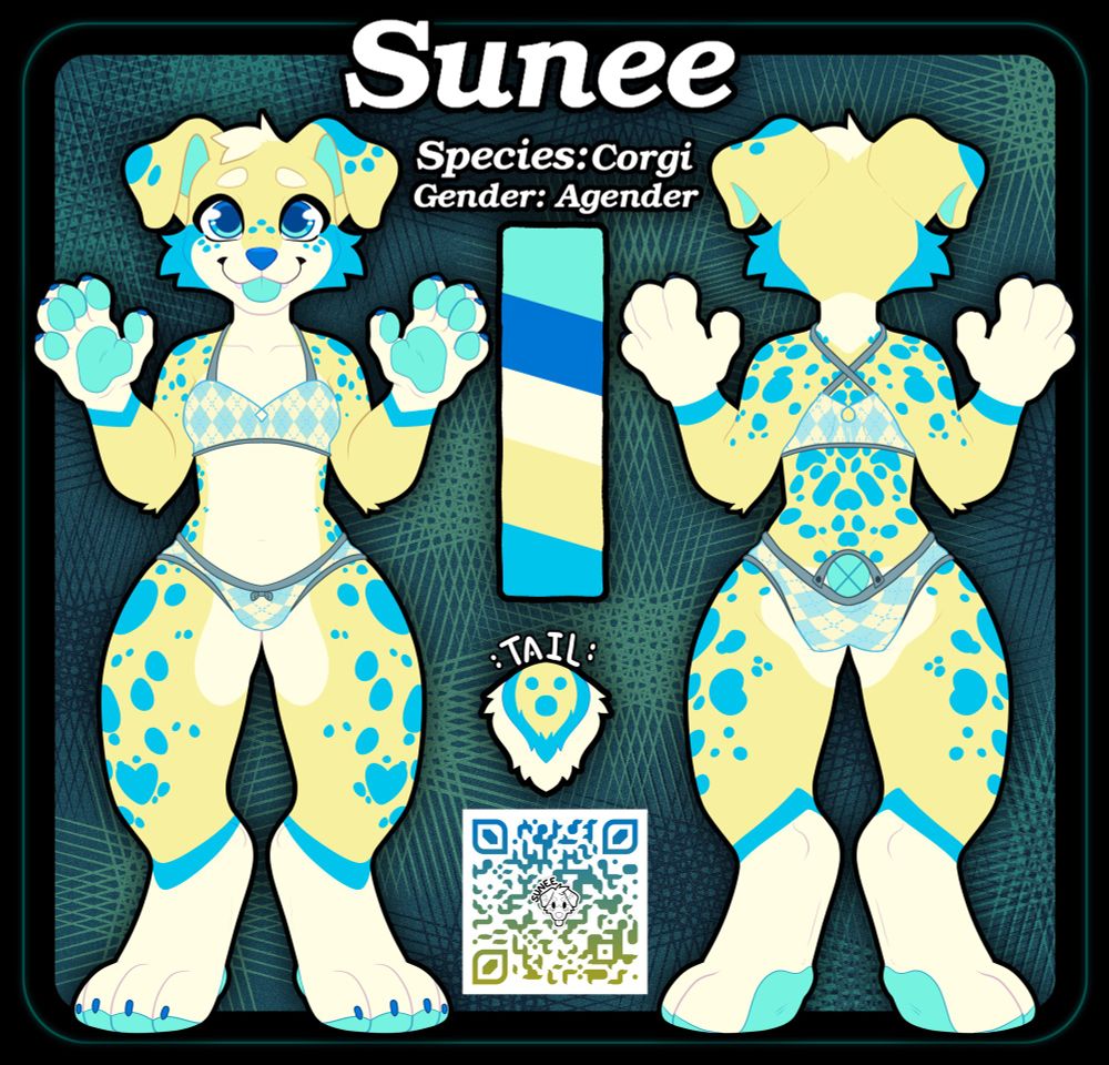 A reference sheet showing the front and back of my character Sunee.
Sunee is a short pastel-yellow furred canine, her species is corgi-Aussie shep mix. 
Her fur is yellow, with a white underbelly, cheeks, snout, and paws. She has a short tail, and blue spots. She has blue cheek stripes and blue freckles. 
She has hearts on her knees, rear, and a Sun on her left ear. 
Blue ribbons/bands marking on her wrist and ankles. 
She has a dark blue nose, pale blue eyes, and dark blue claws. 
Her paws, tongue, and mouth are all seafoam green. 