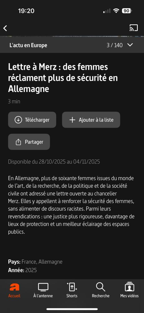 L'actu en Europe

Lettre à Merz : des femmes réclament plus de sécurité en 
Allemagne

3 min (vidéo) disponible du 28/10/2025 au 04/11/2025

En Allemagne, plus de soixante femmes issues du monde de l'art, de la recherche, de la politique et de la société civile ont adressé une lettre ouverte au chancelier
Merz. Elles y appellent à renforcer la sécurité des femmes, sans alimenter de discours racistes. Parmi leurs revendications: une justice plus rigoureuse, davantage de lieux de protection et un meilleur éclairage des espaces publics.
Pays: France, Allemagne 
Année: 2025


