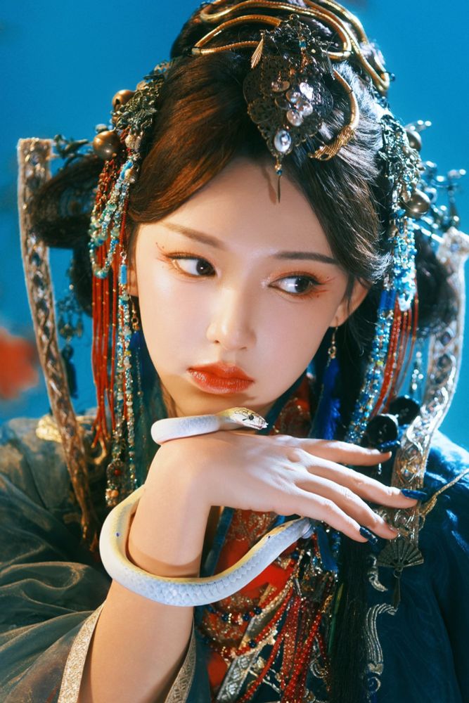 cheng xiao in a recent photoshoot dressed in traditional clothes holding a snake