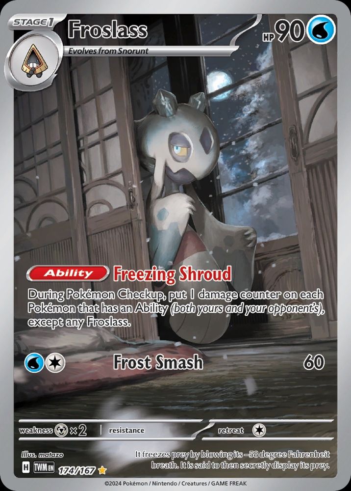 Pokemon TCG Card of Fross Lass, full art version, where the pokemon looks as if they are suspiciously peeking into a room on the middle of the night.