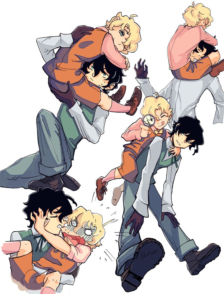 Drawings of Herlock Sholmes from TGAA as a child clinging to his older brother Mycroft in various poses, with an additional doodle of Mycroft biting his cheek as retribution and Sherlock screaming out in panic/disgust.