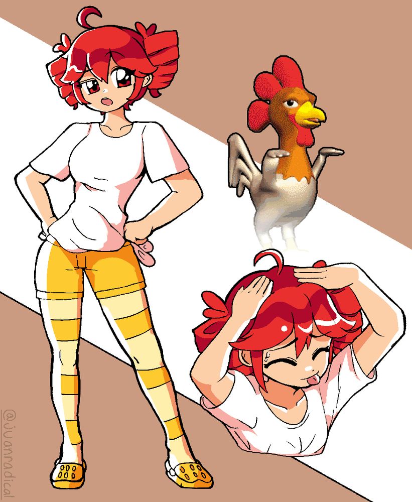 kasane teto in a white t shirt, yellow shorts, stockings, and crocs with her hands on her hips looking confused. to the right there is another view of her (cropped to be torso-up) playfully laying her hands on her head with her eyes closed and her tongue out, resembling the 'eto bleh' meme. above the other view is an early-internet 3D dancing chicken gif. the background is a light brown coffee color with a white stripe across 