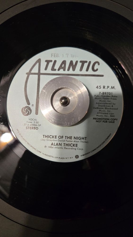 Label of Alan Thicke 45, "The Thicke of the Night" from 1984 on Atlantic Records