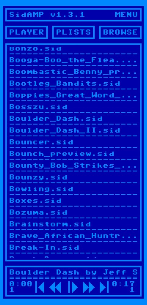 A screenshot of the file screen for the SidAMP vi.3.1 app is shown. The blue screen with low-res typography looks like a Commodore 64 interface.

In the now playing window reads:
Boulder Dash by Jeff

Other sound files are also listed:

Bonzo.sid Booga-Boo_the_Flea Boombastic_Benny_pr Bootleg_Bandits.sid Boppies_Great_Word_ Bosszu.sid Boulder_Dash.sid Boulder_Dash_II.sid Bouncer.sid Bounch_preview.sid Bounty_Bob_Strikes_ Bounzy.sid Bowling.sid Boxes.sid Bozuma.sid Brainstorm.sid Brave_African_Huntr Break-In.sid 