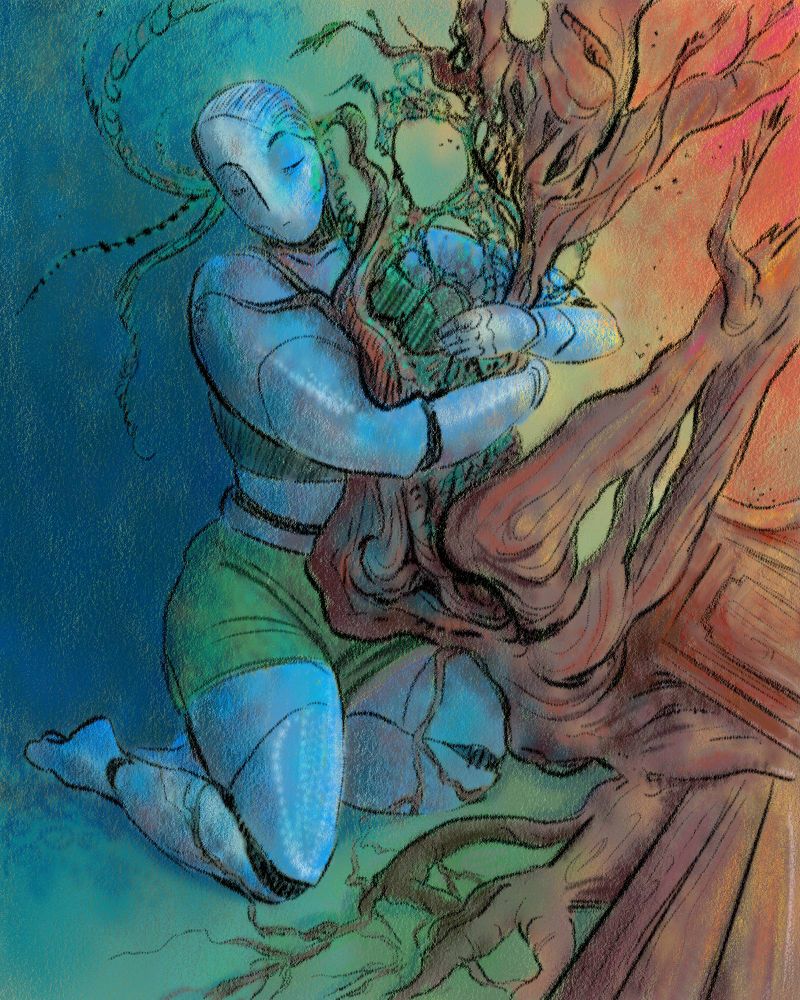 a humanoid robot kneeling and embracing a being made of (carved, living, gnarled, looping, splitting) wood who embraces her in turn