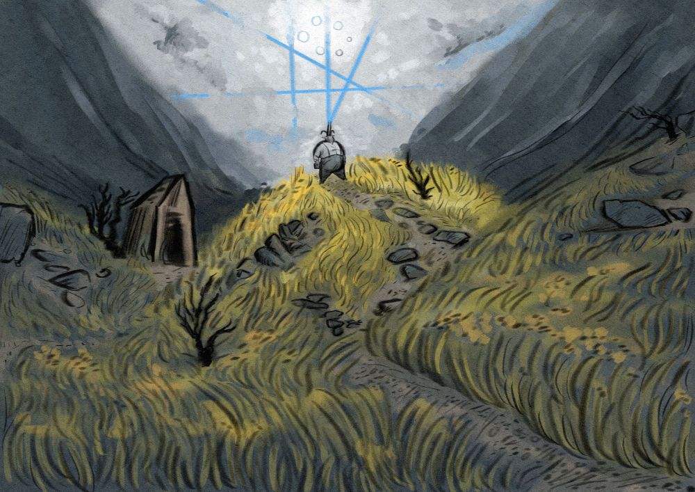 Desolate hills between two looming mountains, a ramshackle barn or shack, a few twisted trees. Pickman, a large goatwoman, stands at the top of the central hill; she is holding a book. Behind her a Shape in crossed lines reflects off the thick white clouds and the light of six suns.