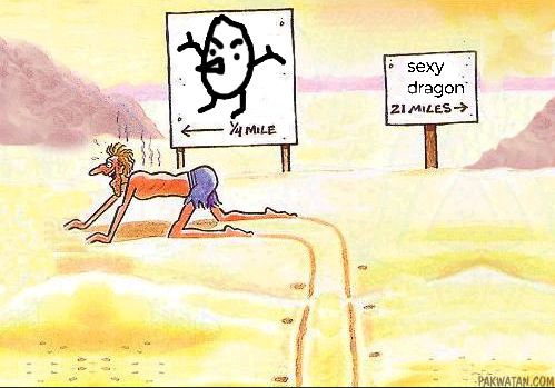 man crawling thru desert towards a sign with an image of a egg shaped creature known as "flegg" on it and away from the sign that says "sexy dragon". the fleggs are only 1/4 mile away while the sexy dragon is 21 miles off.