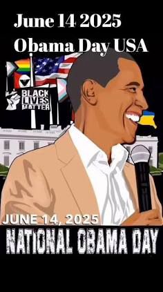 Drawing of Obama in tan suit smiling. Caption reads June 14, National Obama Day! 